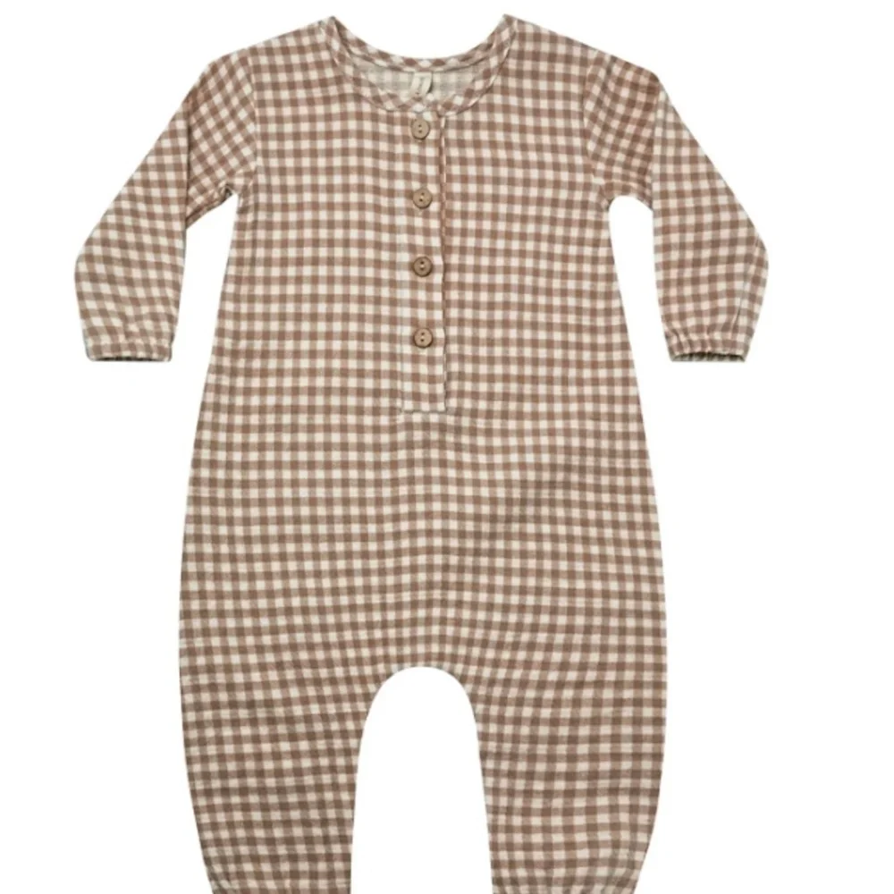 Quincy Mae Tan and White Gingham Woven Jumpsuit, 18-24 months